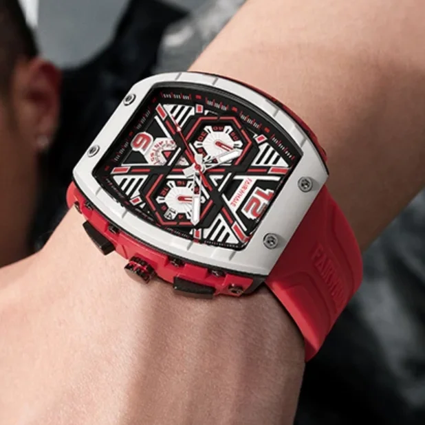 

Mark Fairwhale Men Chronograph Watch 45mm Tonneau Quartz Wristwatch Sport Luminous Resin Case Rubber Strap