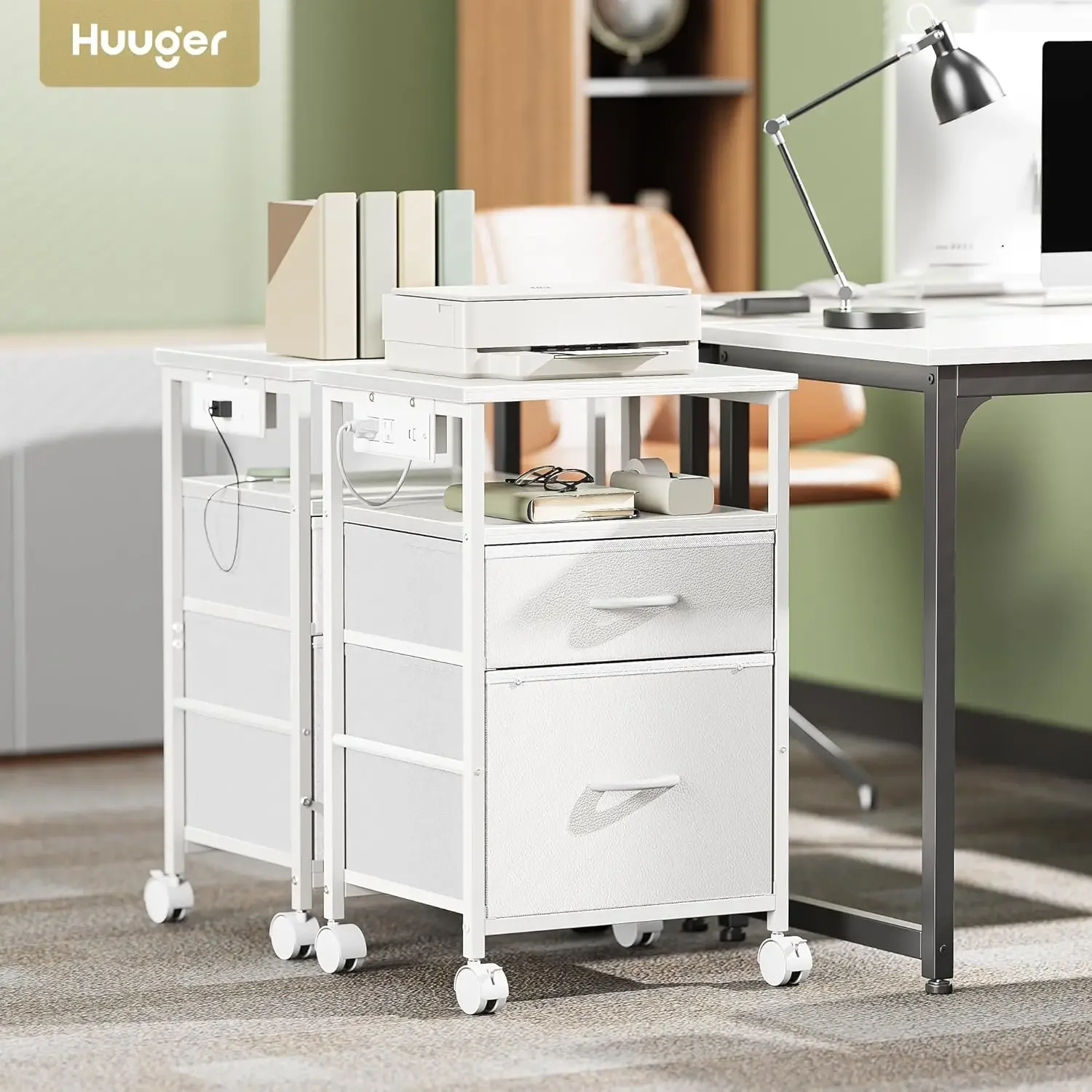 

File Cabinet with Power Outlets, 2 Drawer Filing Cabinet, Printer Stand with Storage, with Lockable Wheels /Adjustable Feet