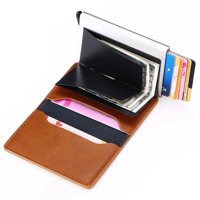 RFID Blocking Credit Card Holder Stainless Steel NFC Anti Scan Business Wallet Genuine PU Leather Purse Money Bag For Men Women