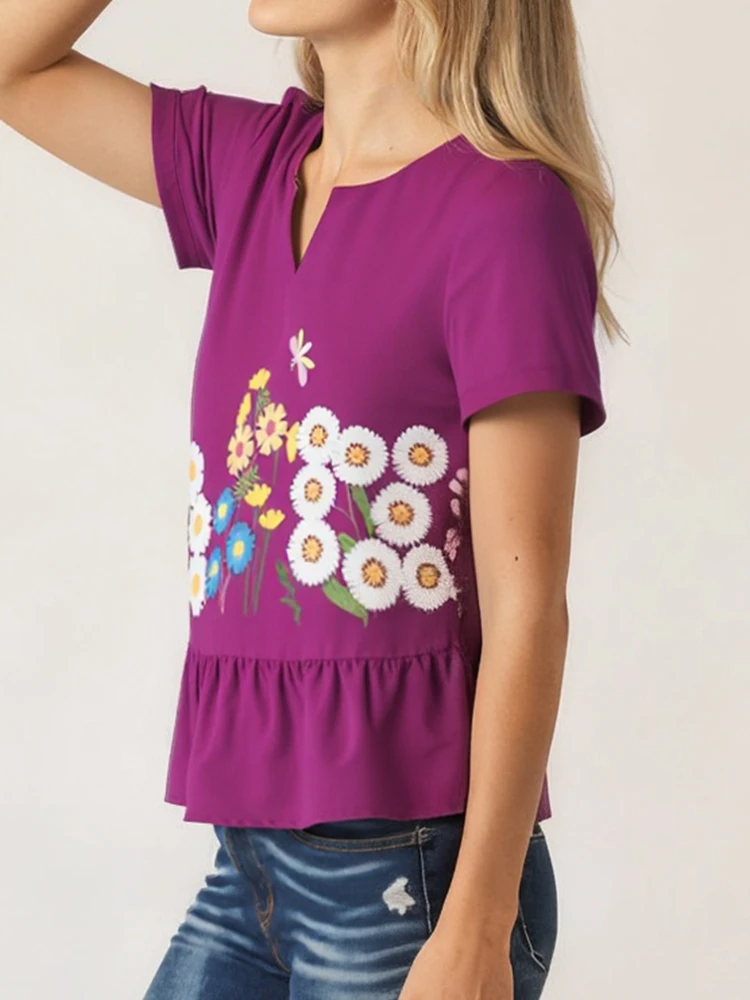 

ZANZEA Stylish Floral Printing Blouses Women V-Neck Short Sleeve Ruffled Hem Tops Woman Summer 2025 Everyday Casual T-Shirts 3XL