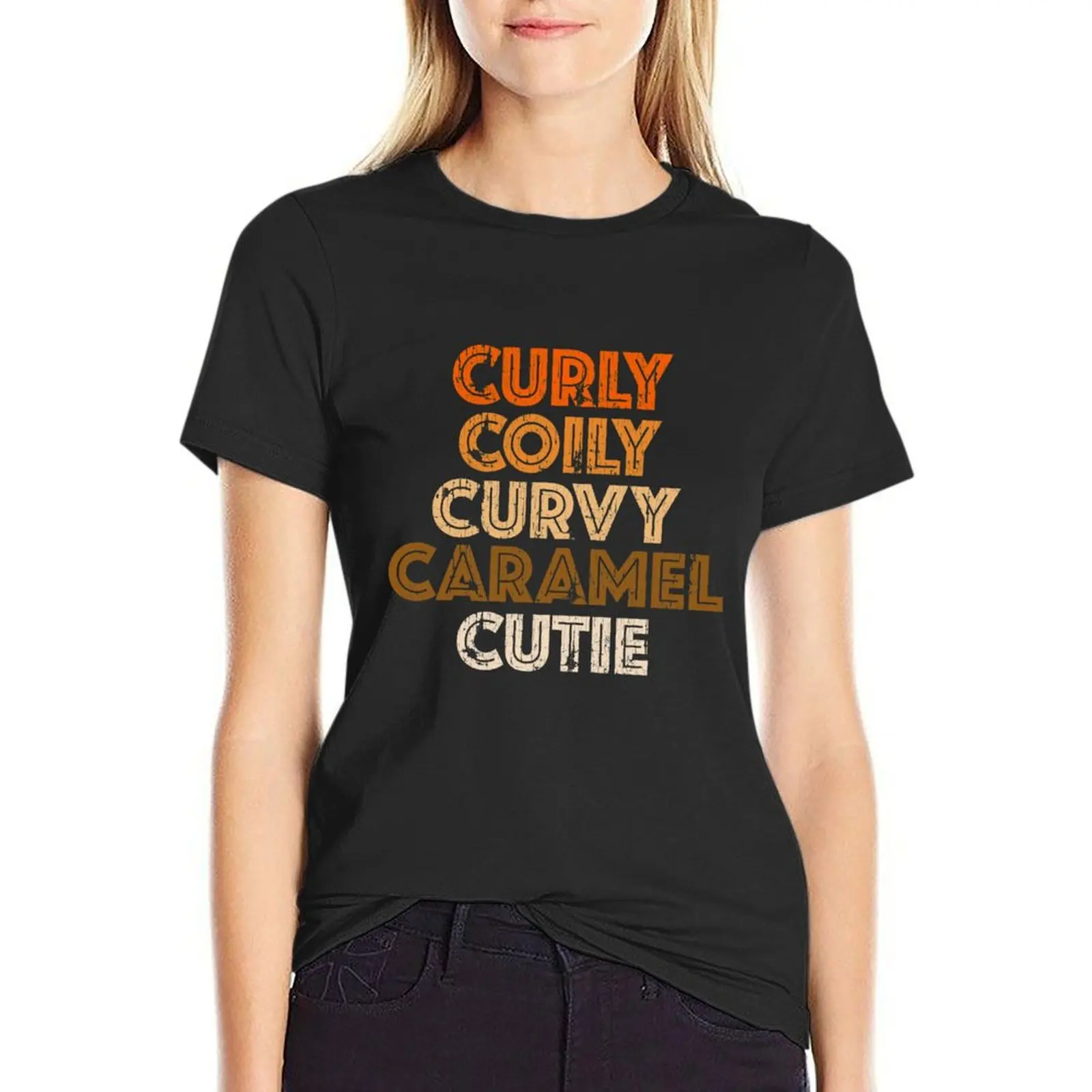 

Curly Coily Curvy Caramel Cutie Natural Hair T-Shirt shirts graphic tees plus size tops summer top Woman fashion