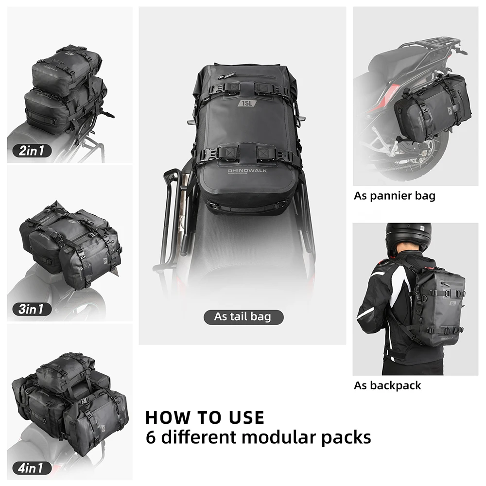 Rhinowalk Motorcycle Bag 100% Waterproof 15L Black Motorcycle Tail Bag Men Backpack Rear Luggage Bag for Motorcycle Travel Bag