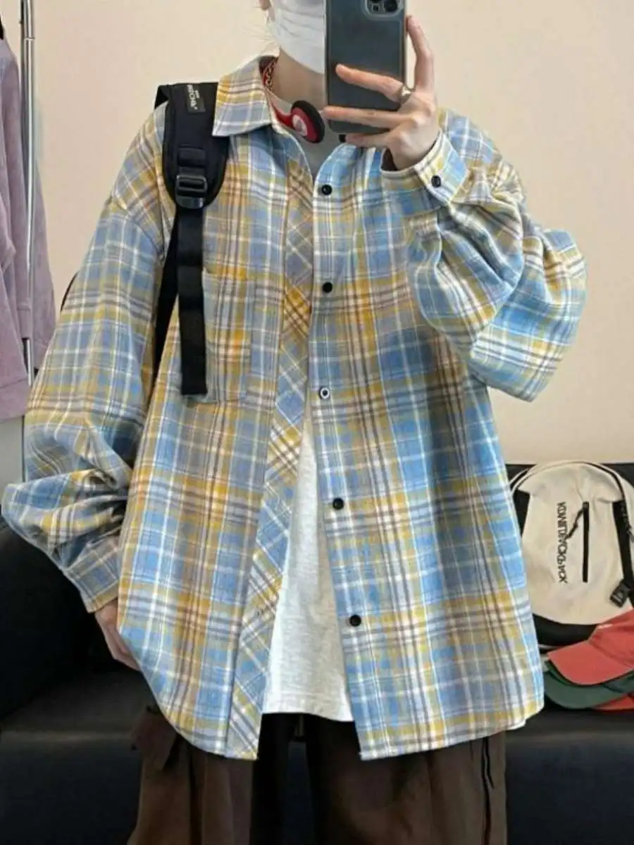 

Мужская рубашка в клетку в американском стиле, весна-лето, для подростков, винтажная, с длинным рукавом, свободного кроя, с отложным воротником...