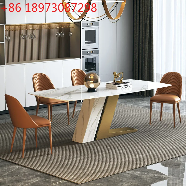 

Italian bright rock slab dining table Small household modern stainless steel Nordic restaurant dining table