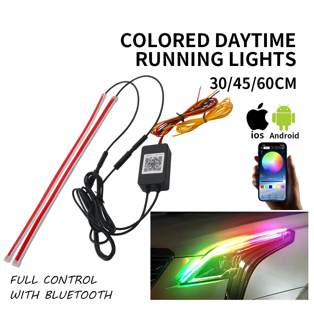 

2PCS Car LED Daytime Running Light Flexible Waterproof Strip Auto Headlights 30CM 45CM 60CM RGB Flowing Turn Signal Lights APP