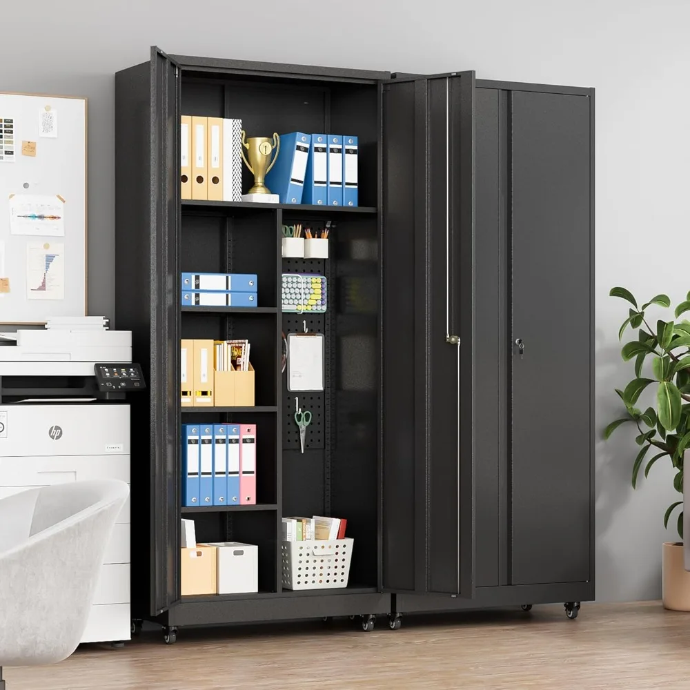 خزانة تخزين جراج معدنية بعجلات وأبواب قفل وأرفف قابلة للتعديل - خزانة سوداء طويلة للمكتب والمنزل والمرآب والش