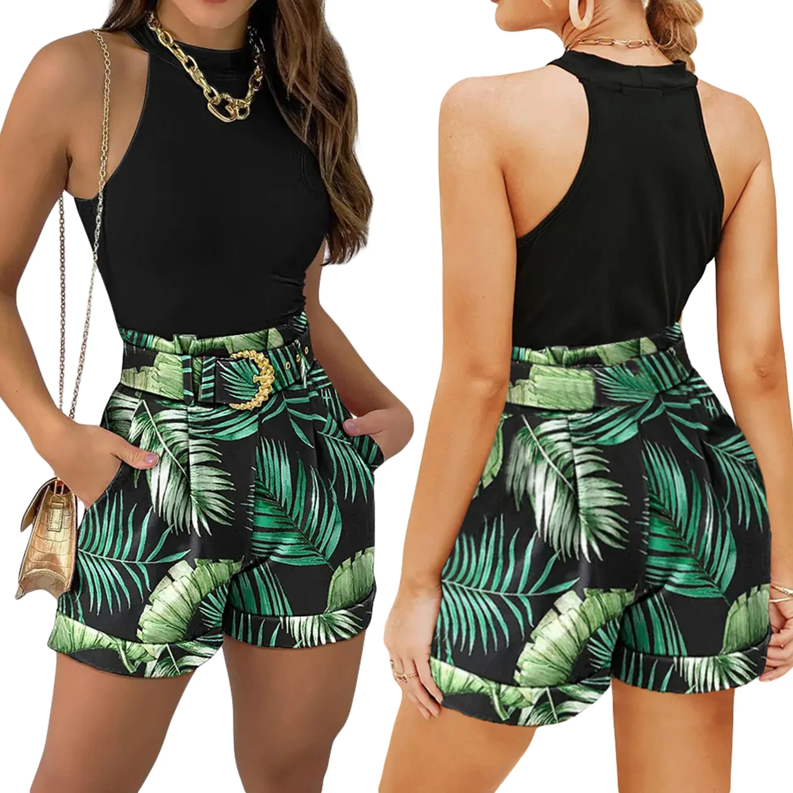 

Women Short Sets Summer Sleeveless Solid Color Round Neck Floral Print Vest + High Waist Trousers with Waist Belt Clothes Sets