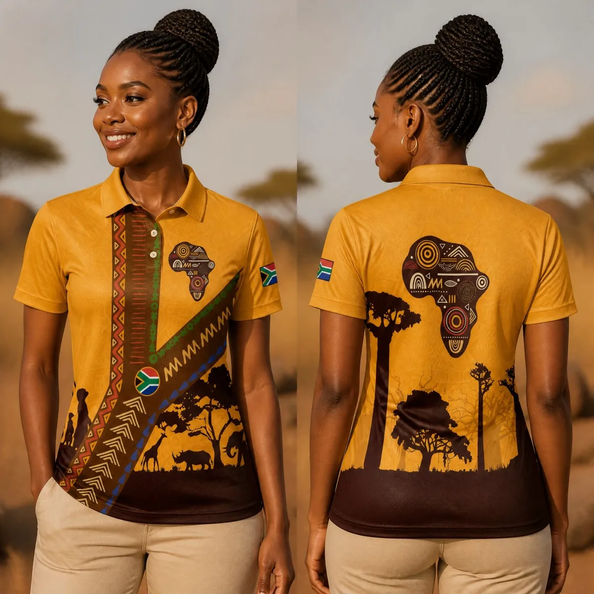 Nueva Camiseta Polo de Manga Corta con Cuello y Estampado Sudafricano Verde y Amarillo para Mujer - Elegante y con Estilo