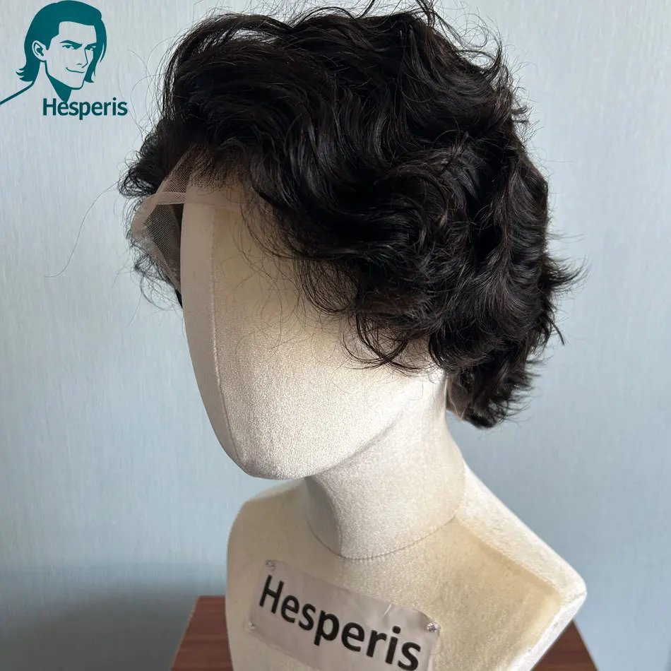 Hesperis Natural Black Short Cut Wig for Men Glueless Lace Frontal Transparent Lace 100% Human Hair Deep Wave Style