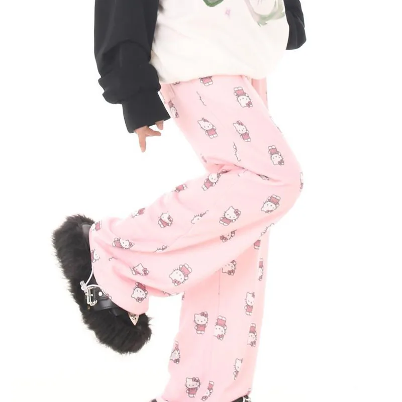 

Kawaii Hello Kitty Floral Pants Leisure Female Straight Cartoon Wide Leg Pant Sports Trousers Soft Pajama Pants Festival Gift