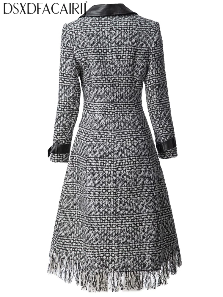 DSFACAIRIJ Women's Plaid Tweed Jacket Turn-Down Collar Double Breasted Long Sleeve High Street Fashion Outerwear for Winter