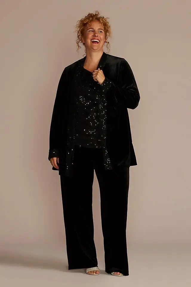 

shine scoop neck plus size long sleeve soft velvet sequin tank three-piece pantsuit mother of the bride dresses with jacket
