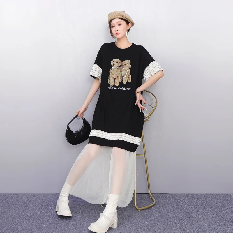 2025 sommer Neue Elegante Frauen Lose Oansatz Mesh Gedruckt T-shirts Lange Kleider Damen Kurzarm Kleid Großhandel J1228
