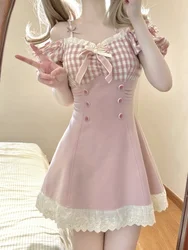 2024 Sweet Pink Plaid Bow Princess Dress Women Sexy Slash Neck Lace Ruffle Party Mini Dresses Japanese Style Slim Lolita Dress