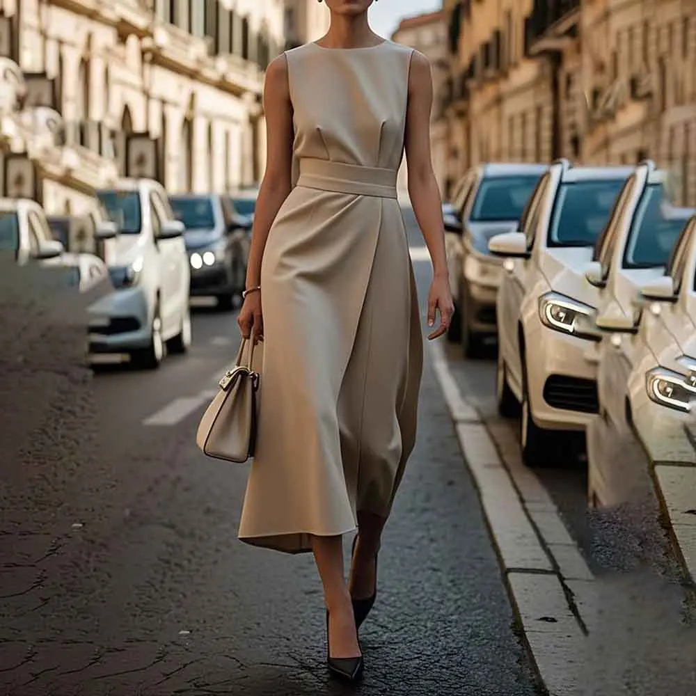 

Fashion Sleeeveless Waist-closing Midi Dress Women Summer Elegant O-neck Pure Color Dresses Office Casual Long Dress White