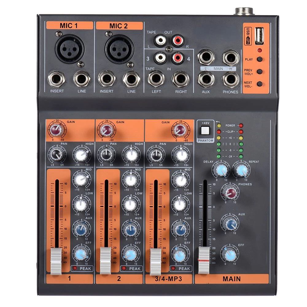 Draagbare 4-Kanaals Mic Lijn Audio Mixer Mixing Console 3-Band Eq Usb Interface 48V Phantom Power met Power Adapter
