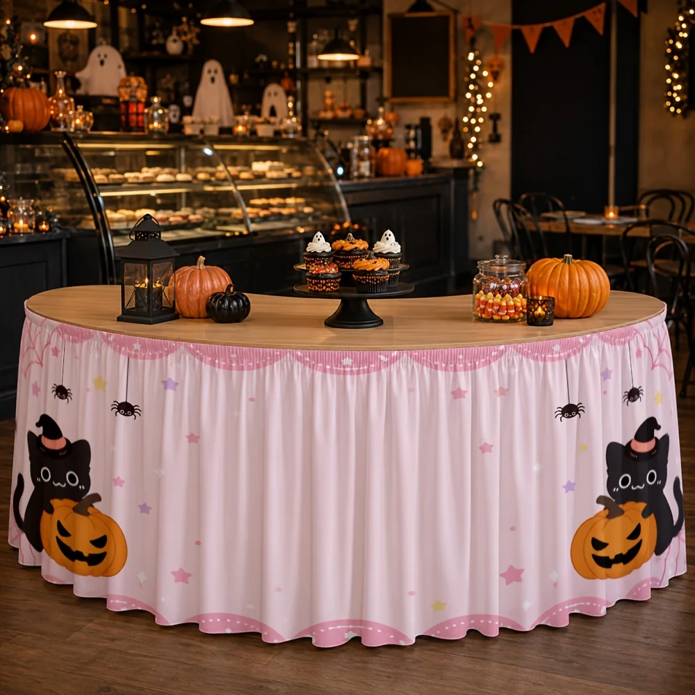 Party tablecloth and table skirt - 1 piece - Halloween cat, pumpkin, spider web, pink lace - Festival decorationxzj