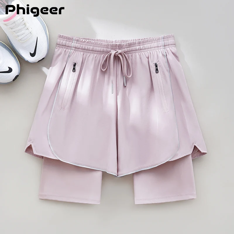 PHIGEER Women's 2-in-1 Anti-Exposure Running Shorts Zipper Pockets Drawstring Waist Quick-Dry, High-Waist, Slimming Fit Yoga