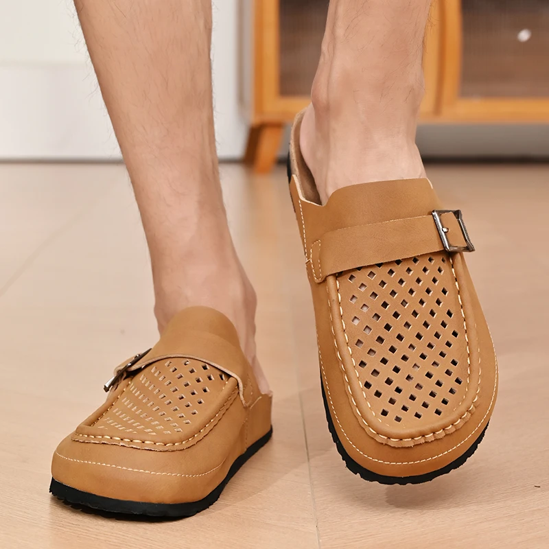 STRONGSHEN Men Half Slippers Summer Casual Fashion Mens Genuine Leather Sandals Breathable Slip on Soft Sole Shoes Moccasins