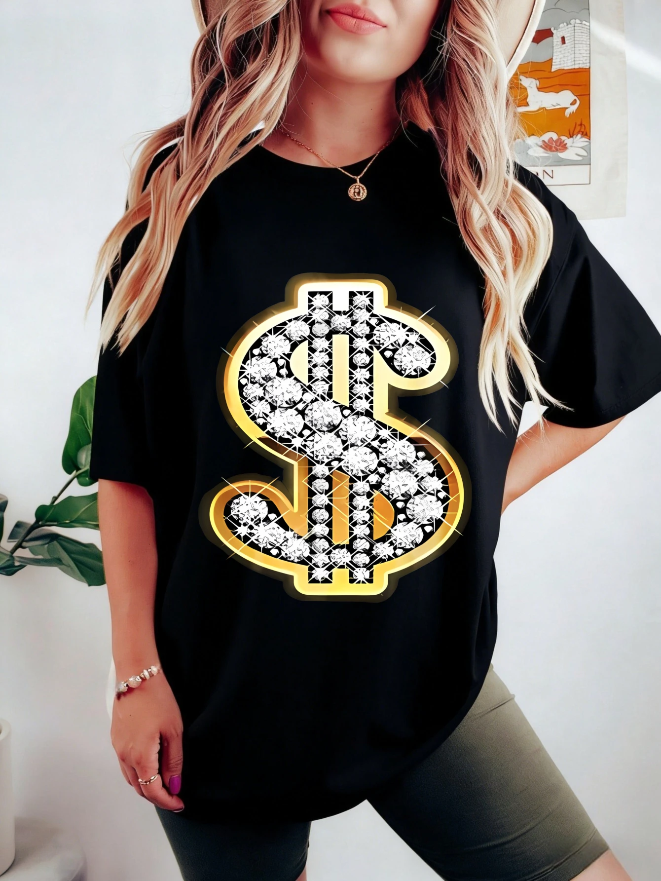 

Womens Dollar Sign Diamond Graphic Cotton T Shirt, Oversized Short Sleeve Summer Casual Tee, Gift for Her