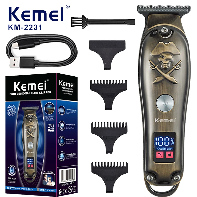 KEMEI Hair Clippers for Men Cordless Vintage Barber Clippers, Electric Trimmer Haircut Machine Rechargeable Beard Trimmer, Skull