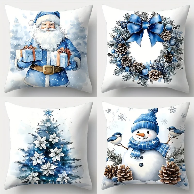 Blue Christmas Pillow Covers Set of 4, Santa Snowman Tree Wreath Design, Zippered Hand Wash for Festive Sofa Decor