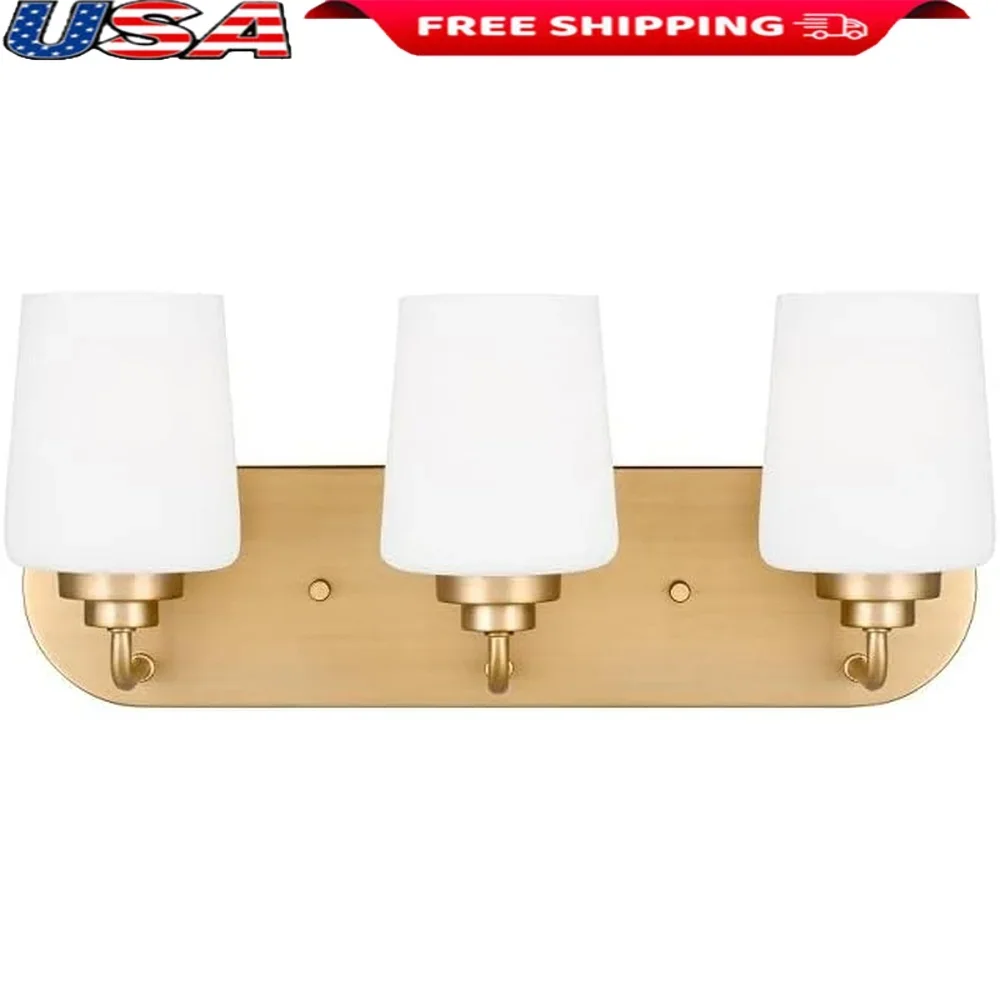 Accesorio de tocador de 3 luces de latón satinado con vidrio blanco grabado, decoración de iluminación de baño moderna, Base A19, diseño de vidrio de latón