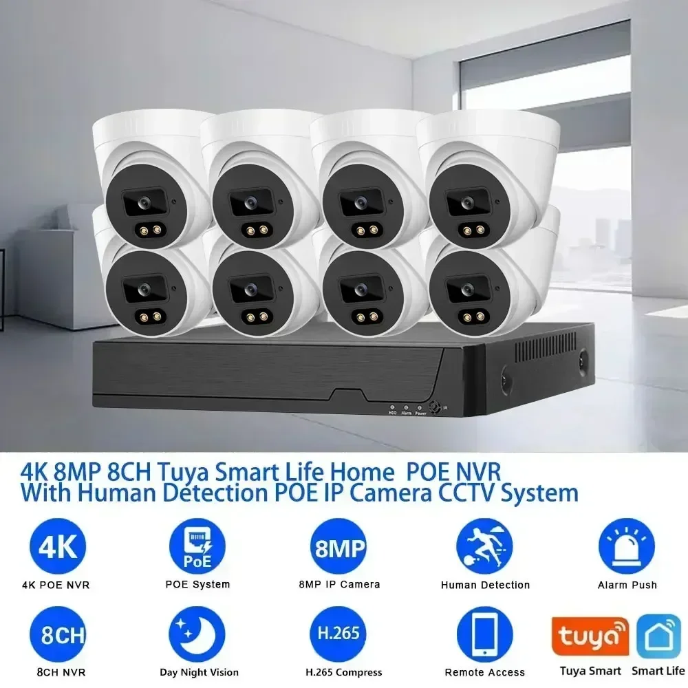 Tuya H.265 8CH 4K POE NVR Kit Ai Human Detection Audio Dome Indoor Waterproof CCTV Security IP Camera Video Surveillance Set 4CH