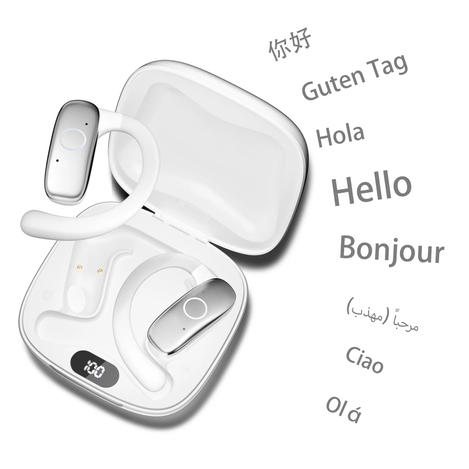 Realtime vertalerhoofdtelefoon AI-taalvertaling Oordopjes 144 talen en accenten 3-in-1 OWS-oordopjes voor bedrijven