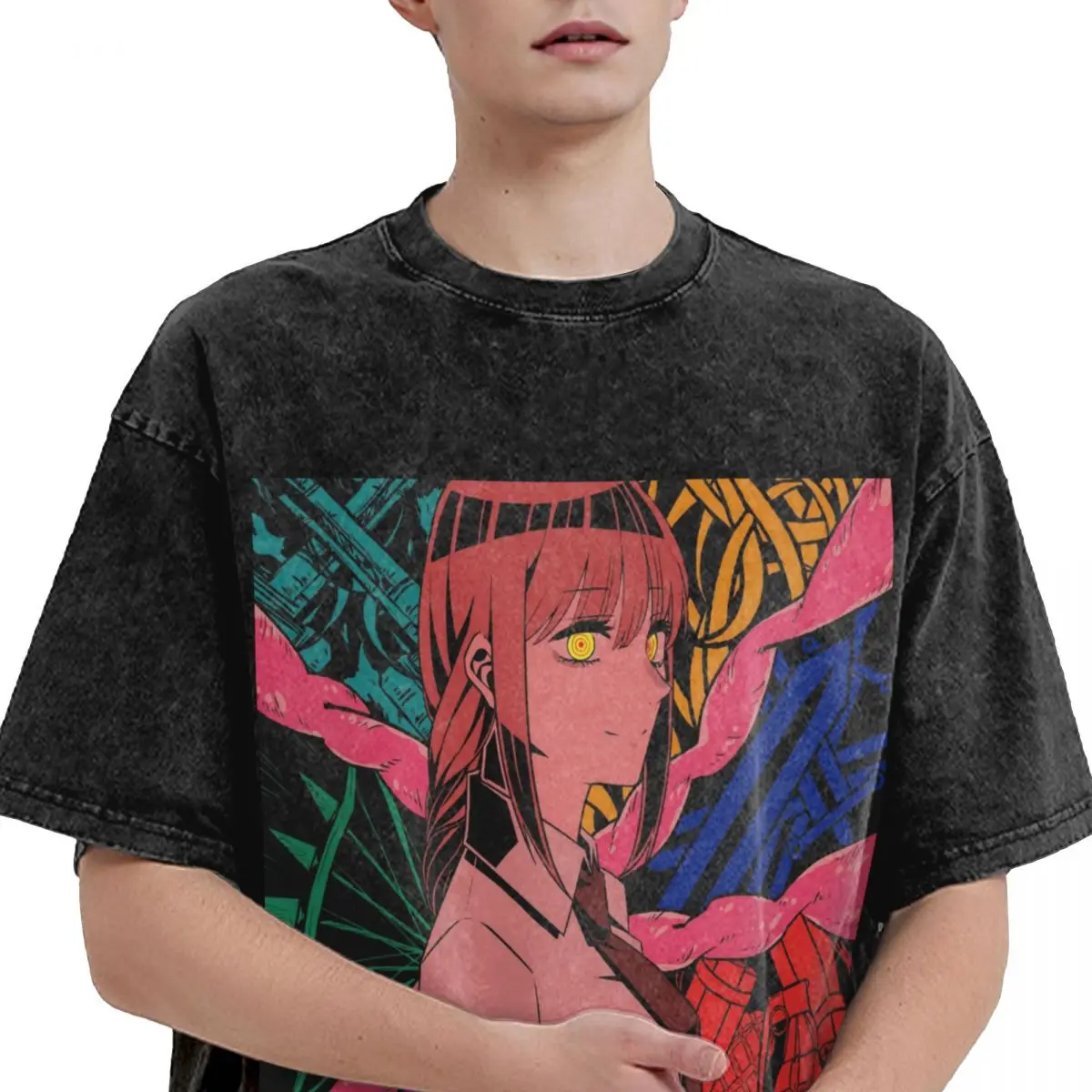 Makima Chainsaw Man Anime Tops Washed T Shirt Streetwear Hip Hop Novelty T-Shirt for Men Women Oversize Printed Tops