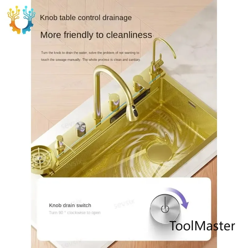 

【2026】fregaderos De Cocina Gold Golden 5mm Waterfall Kitchen Sink Honeycomb Technology Large Digitial Display Stainless Steel Si