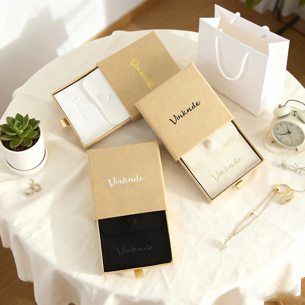 

7x7cm Custom Printed Logo Mini Jewelry Snap Button Bags Microfiber Pouch 8x8x1.7cm Paper Sliding Drawer Boxes Gift Earrings Box