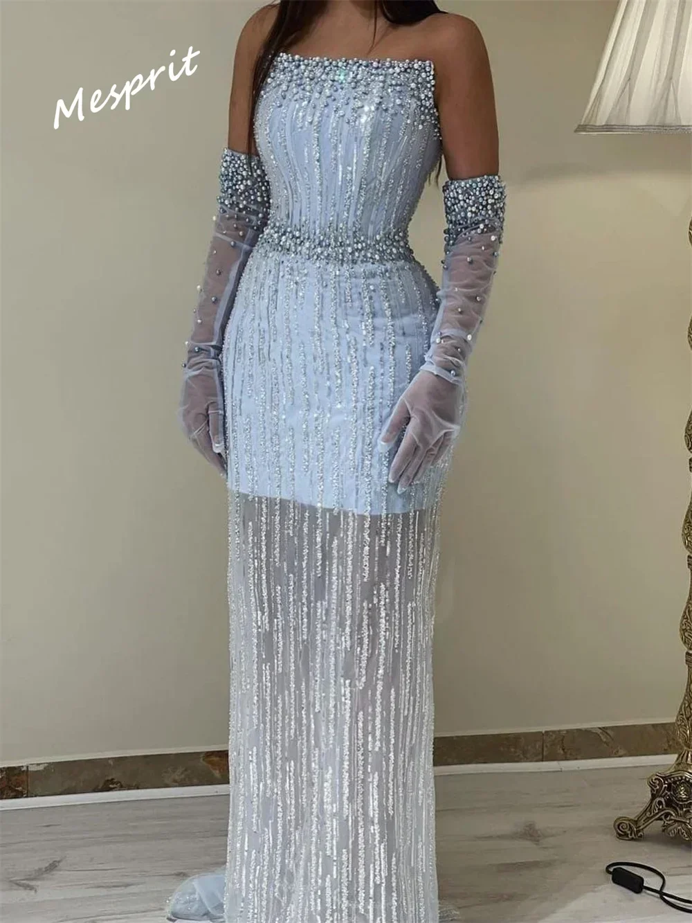 Customized Evening Dresses Light Blue Pearls Luxury Dubai Evening Dress Mermaid Elegant Strapless Arabic Women  Formal