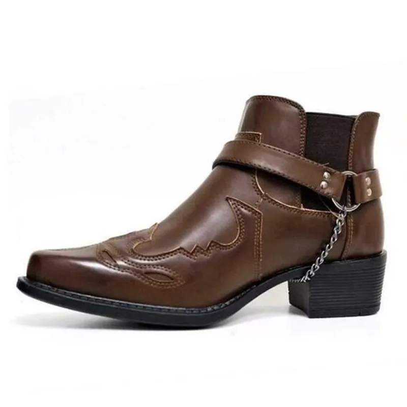 Fashion Men's Vintage Cowboy Boots Leather High Top Chain Buckle Strap Punk Shoes 2026 New Pointed Toe Biker Ankle Boots for Men