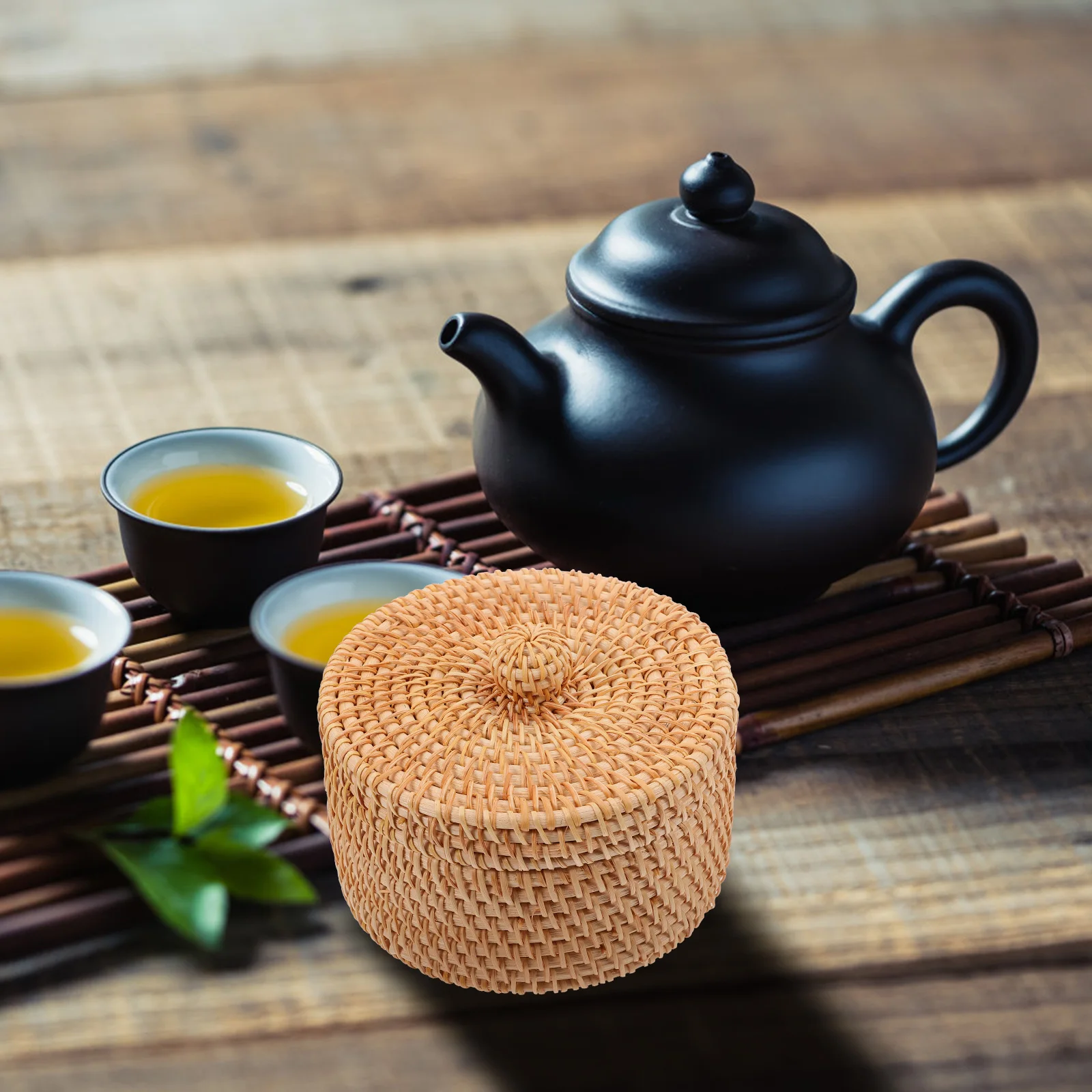 

Rattan Storage Box Woven ganizer Container Desktop Small Items Round Lid Tea Packaging Bathroom Bedroom Sundry Case Portable