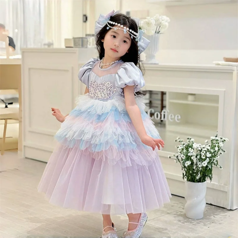 

Платье на день рождения, 2025 г., летнее новое фиолетовое пышное платье с короткими рукавами для девочек