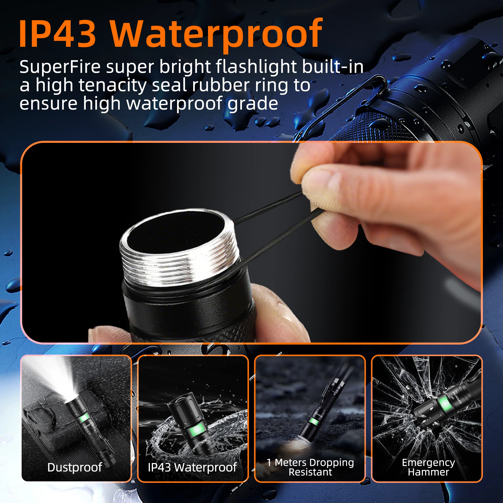 Lanterna LED Ultra Poderosa com Carregamento USB, Tocha Impermeável, Luz Principal Zoomable, Luz Portátil, 3 Modos de Iluminação, Bateria 26650