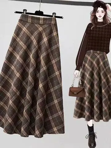 

Chic plus Size Plaid Midi Skirt for Pear aped Women Spring Autumn High Waist A-Line Skirt Korean Sle Casual Wear