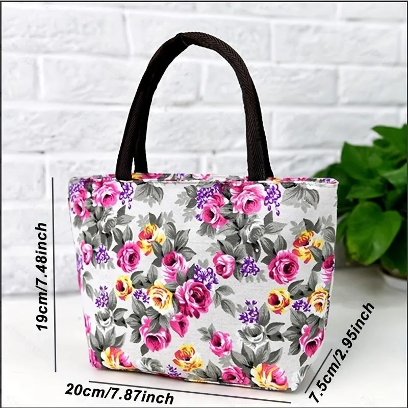 Mommy Handbag Fashionable And Casual Rose Print Western-style Canvas Bag Middle-aged And Elderly Travel Portable Bag