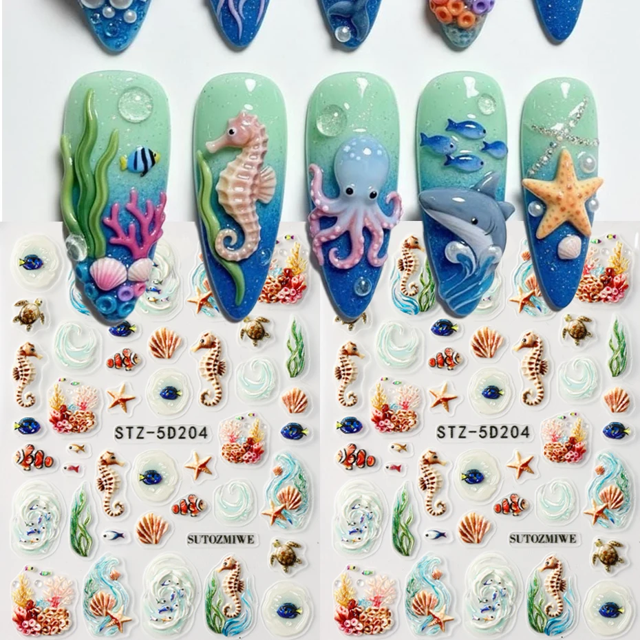Summer Underwater World Underwater Life Theme Nail Stickers, Tropical Fish, Coral, Seahorses & Starfish Designs for Holidays DIY