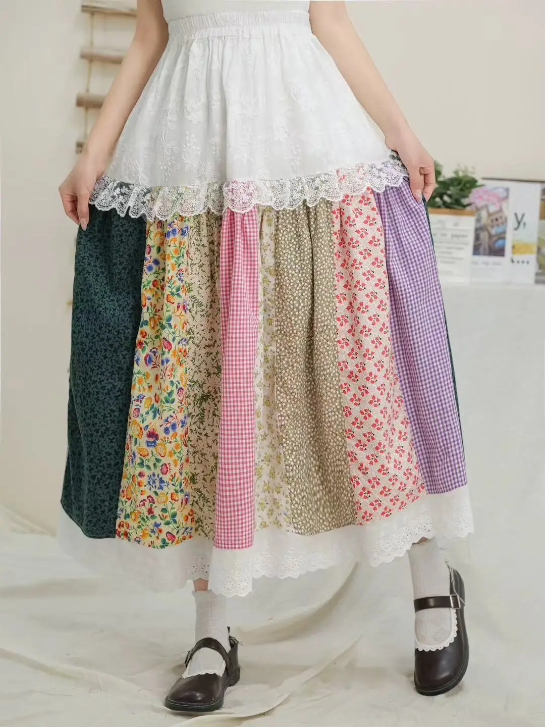 Retro bosque Sle Patchwork bordado Primavera Verano f falda cintura elástica versátil linda chica encaje empalme falda