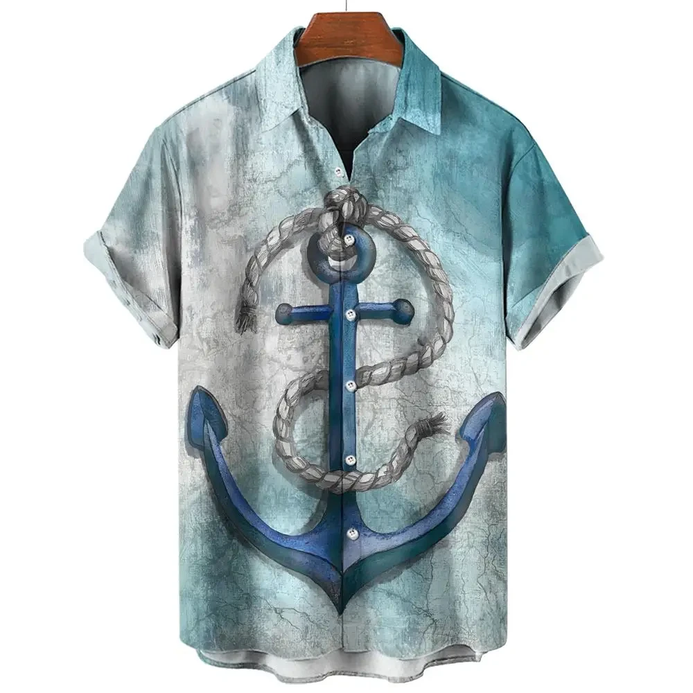 Vintage Nautical Shirt 3d Anchor Print Graphic Street Beach Men's Tops Casual Short Sleeves Button-down Shirts Unisex Clothing