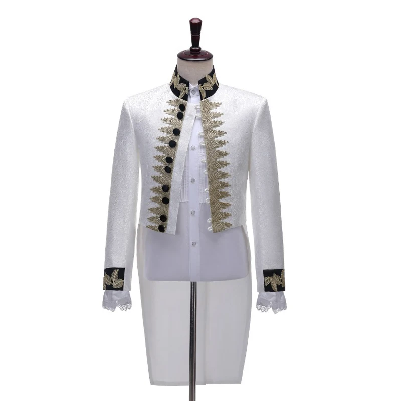 Vintage Stage Costume Prince Charming Cosplay Smokings Hombre Tuxedo Man Tailcoat White Appliqued Suit Jacket Embroidered