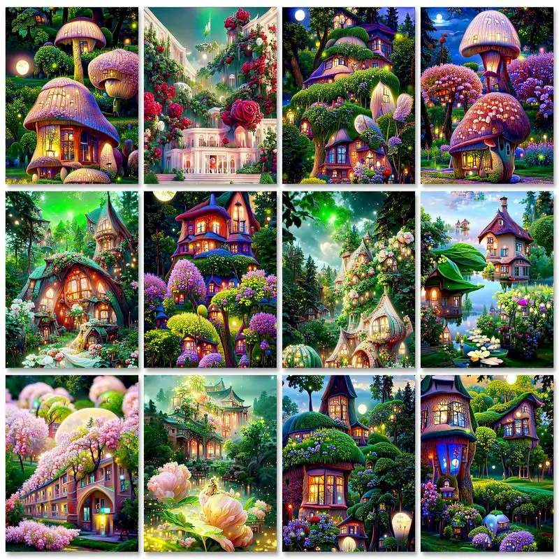 

GATYZTORY Oil Painting Out By Number On Canvas Frame Fairy Tale Forest House Drawing Paint Kits For Adults Coloring By Numb