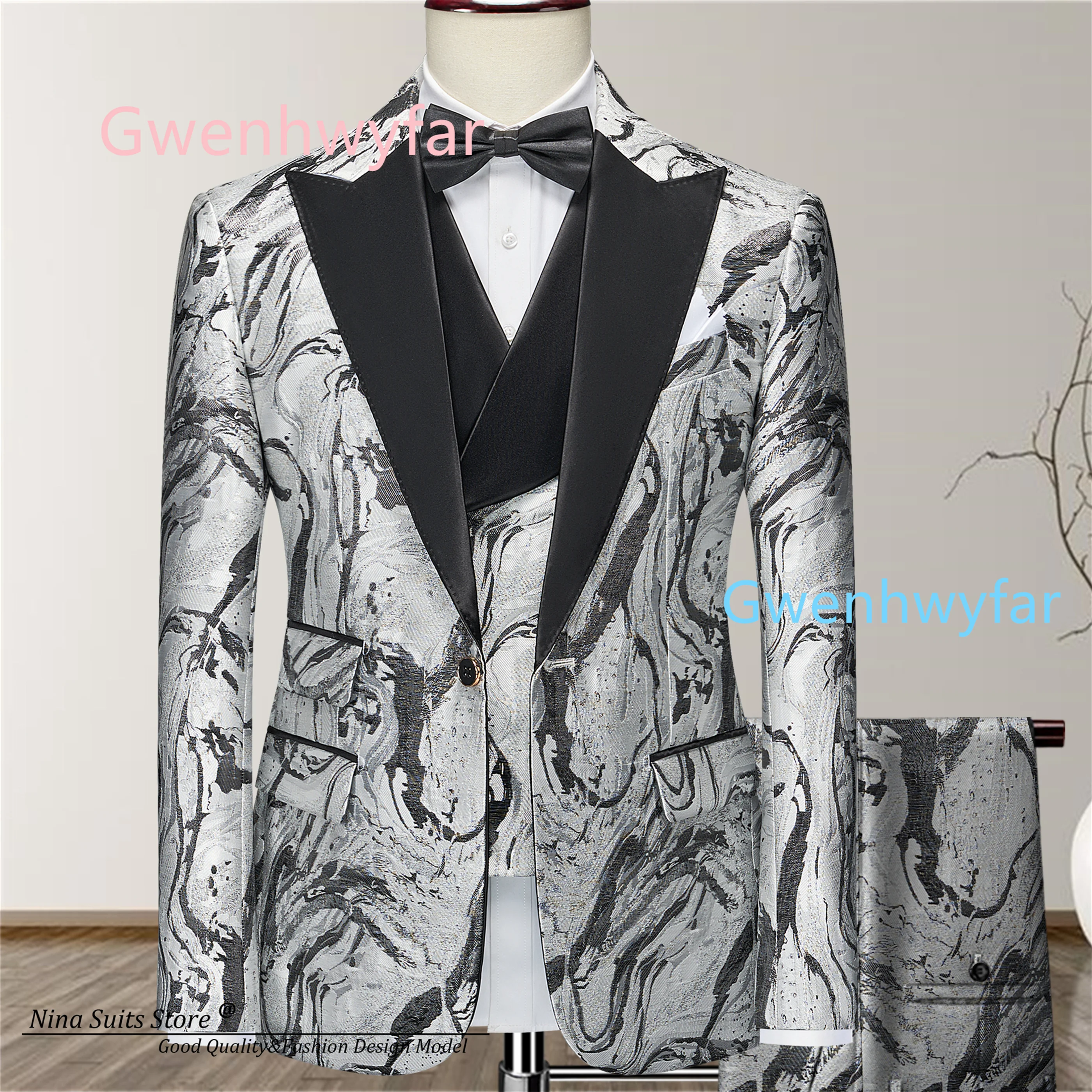 

Gwenhwyfar Rock Pattern Suit for Men's Fashionable Party Tuxedos 2026 Custom Black Satin Lapel Jacket Double Breasted Vest Pants