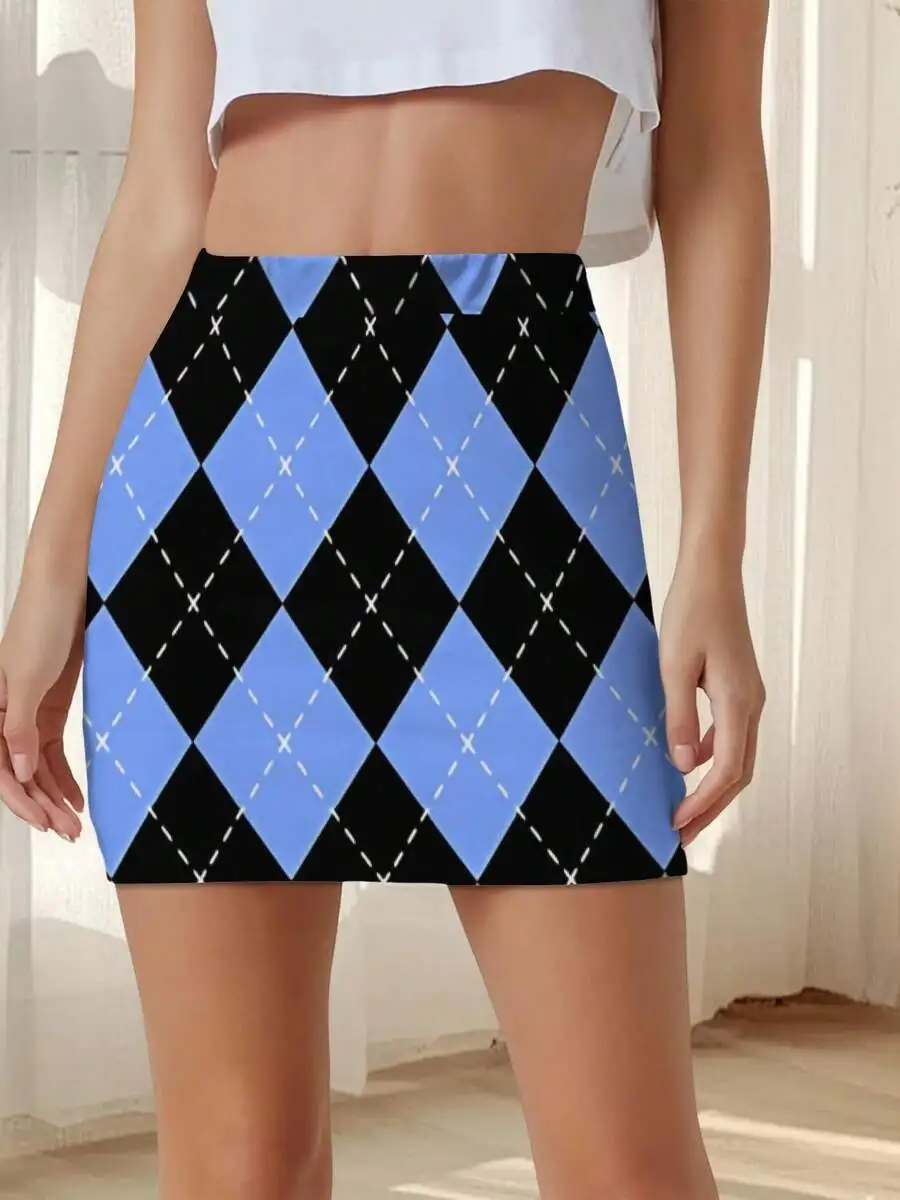 Womens Summer Bodycon Mini Skirt Argyle Diamond Pattern Light Blue Black Casual