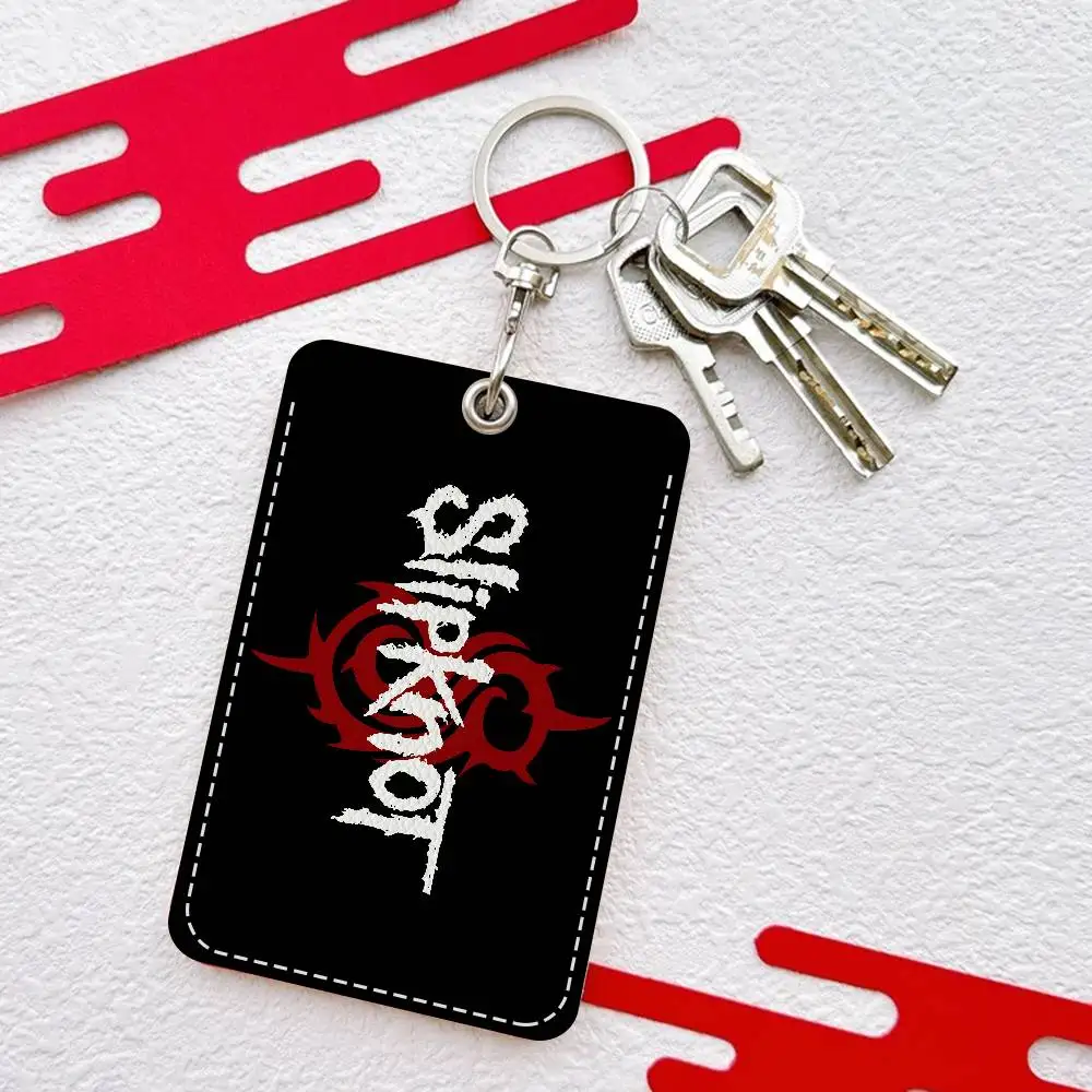 S-Slipknots Heavy Metal Band Rectangle ID Card Case Keychain Access Card Bag Key Tag Ring Leather Card Holder Key Ring Access