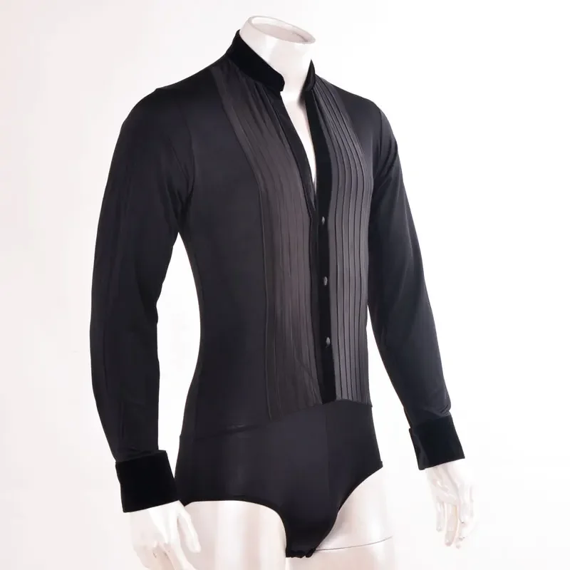 

Latin Dance Velvet Collar Satin Front Shirt Cardigan Stitching Buttons Men Latin Dance Bodysuit Shirt