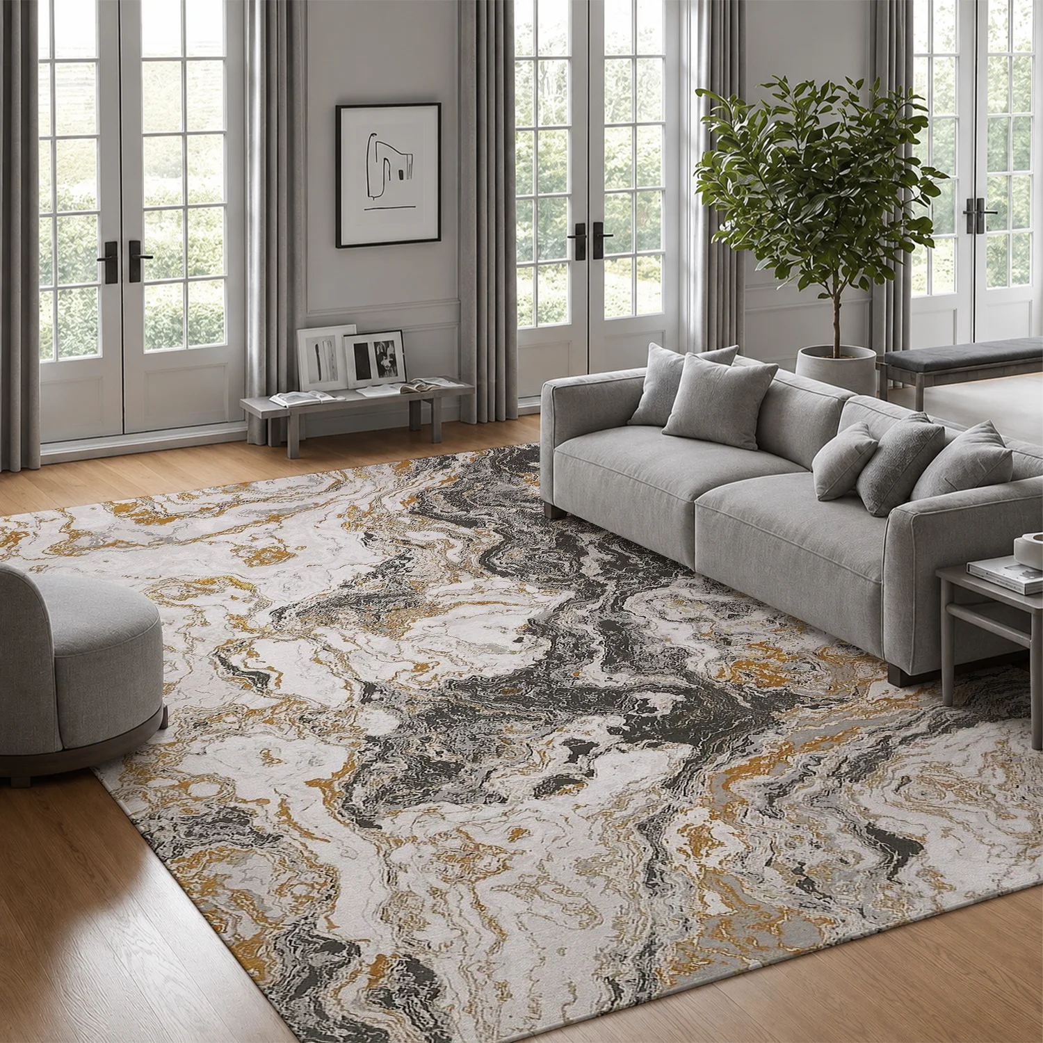 Large Indoor Area Rug, Soft Velvet Low Pile Non-Slip Dotted Backing, Machine Washable Abstract Marble Swirl Floor Rug for Living Room & Bedroom, White Gray Gold Accent Home Decor