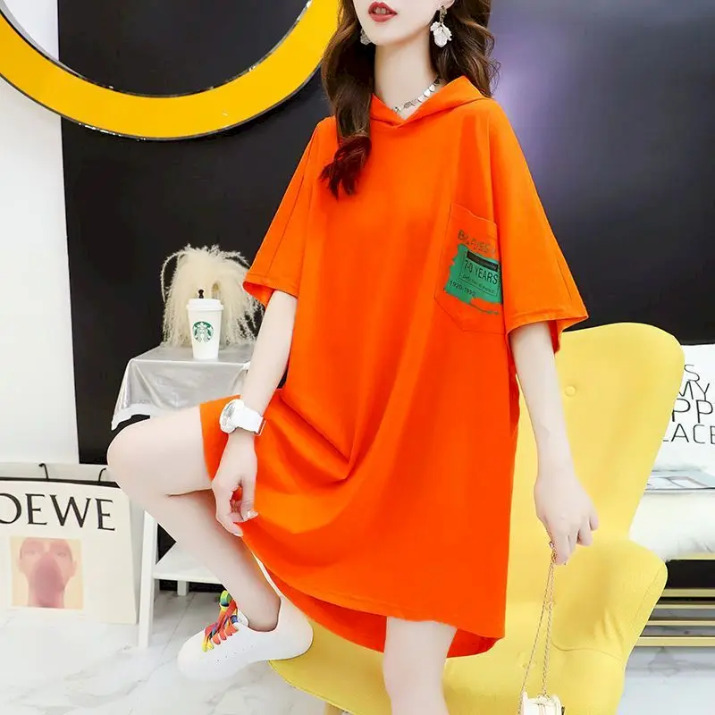 

Hooded Short-sleeved T-shirt Women Spring Summer 2024 New Korean Style Fashion Medium Length T Shirt Large Size Casual Tops Goth